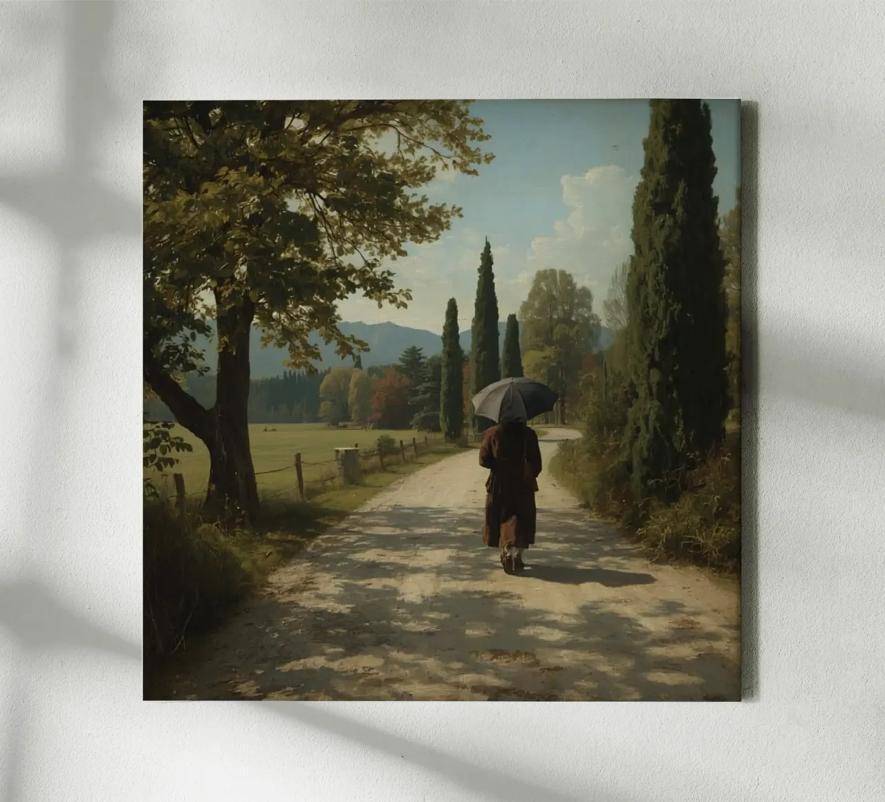 man walks along peaceful dirt path surrounded by tall trees canvas with Floater frame by DesignDoodle