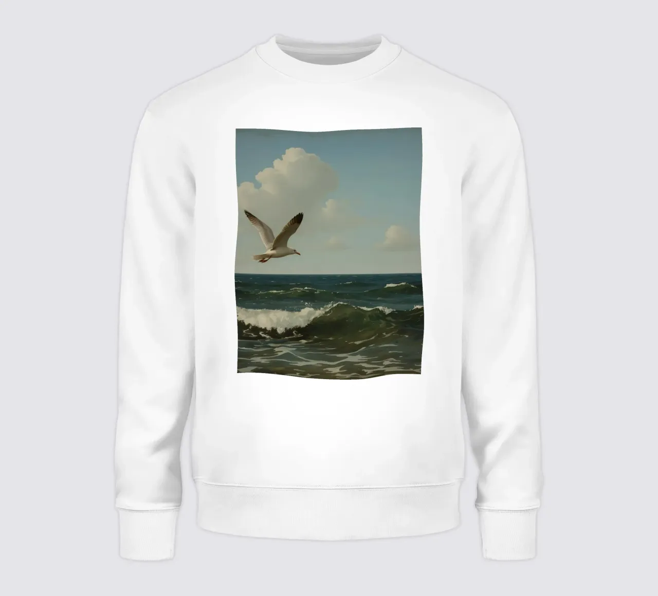 Seagull gliding over ocean waves under a partly cloudy sky sweatshirt by DesignDoodle