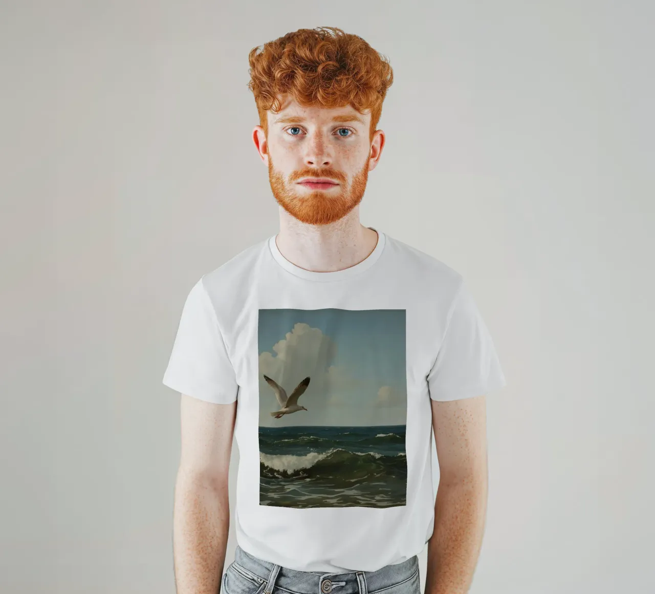 Seagull gliding over ocean waves under a partly cloudy sky t-shirt by DesignDoodle