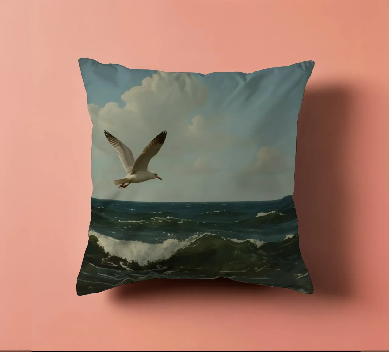 Seagull gliding over ocean waves under a partly cloudy sky decorative cushion by DesignDoodle