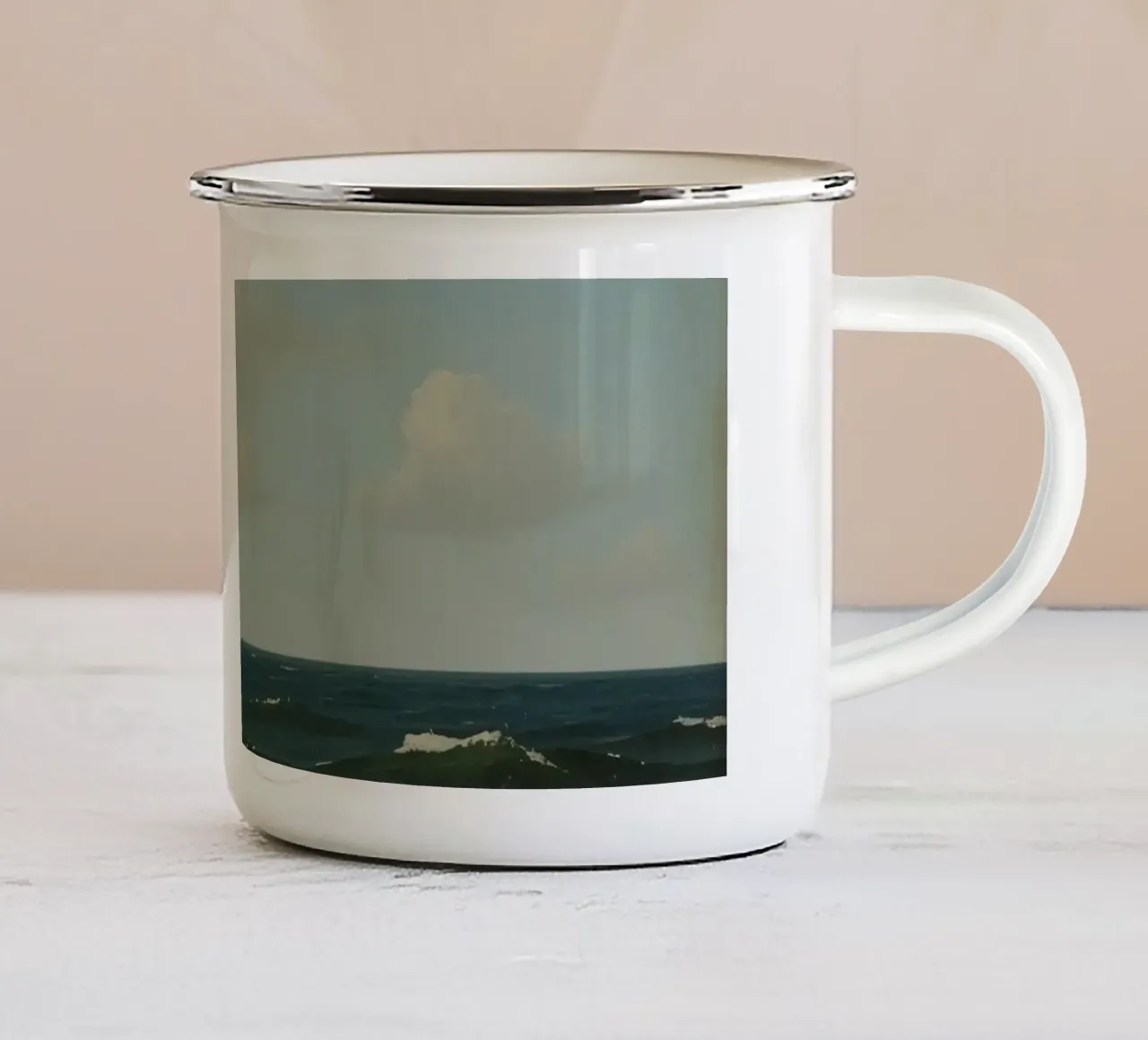 Seagull gliding over ocean waves under a partly cloudy sky enamel mug by DesignDoodle