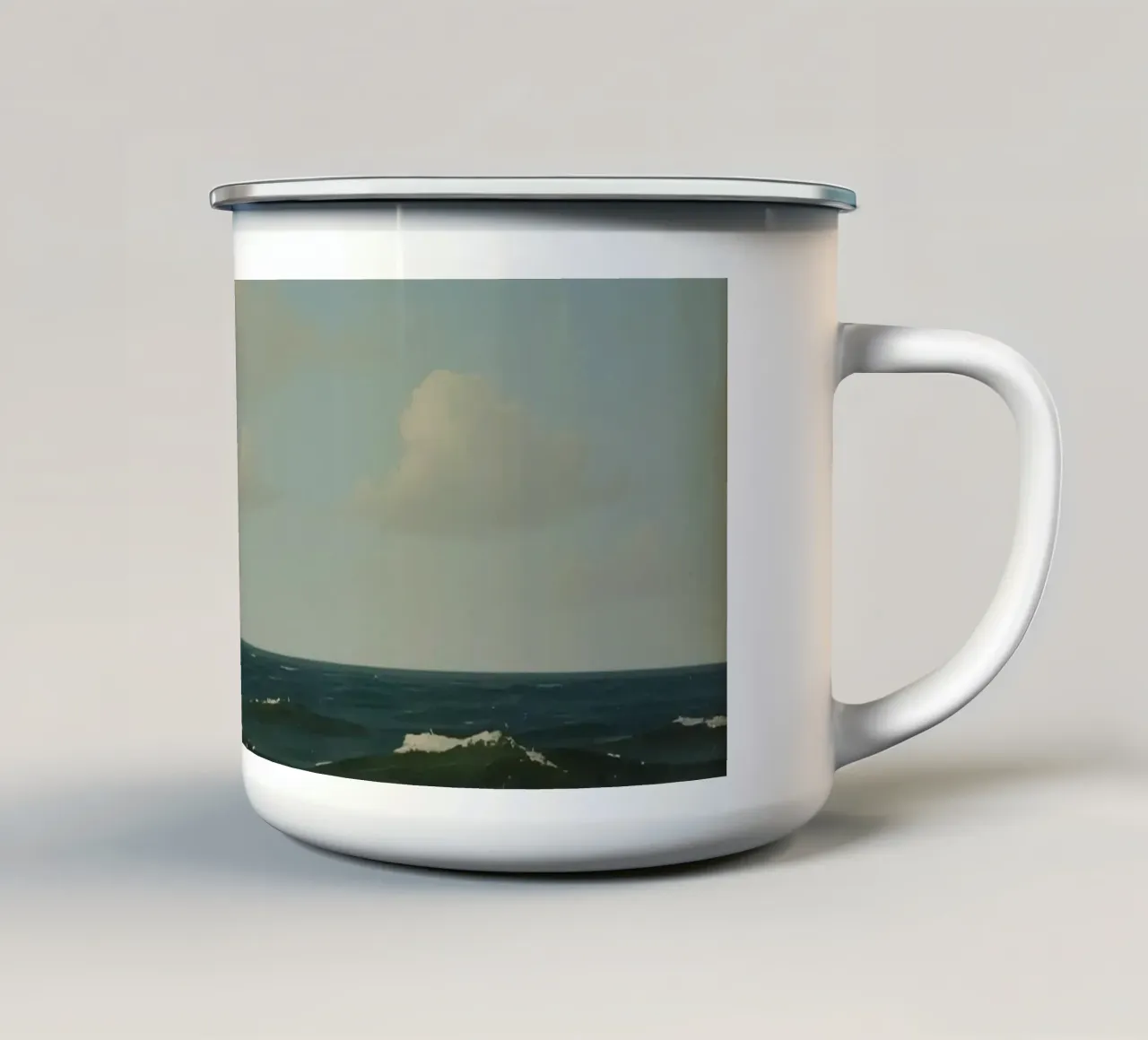 Seagull gliding over ocean waves under a partly cloudy sky enamel mug by DesignDoodle