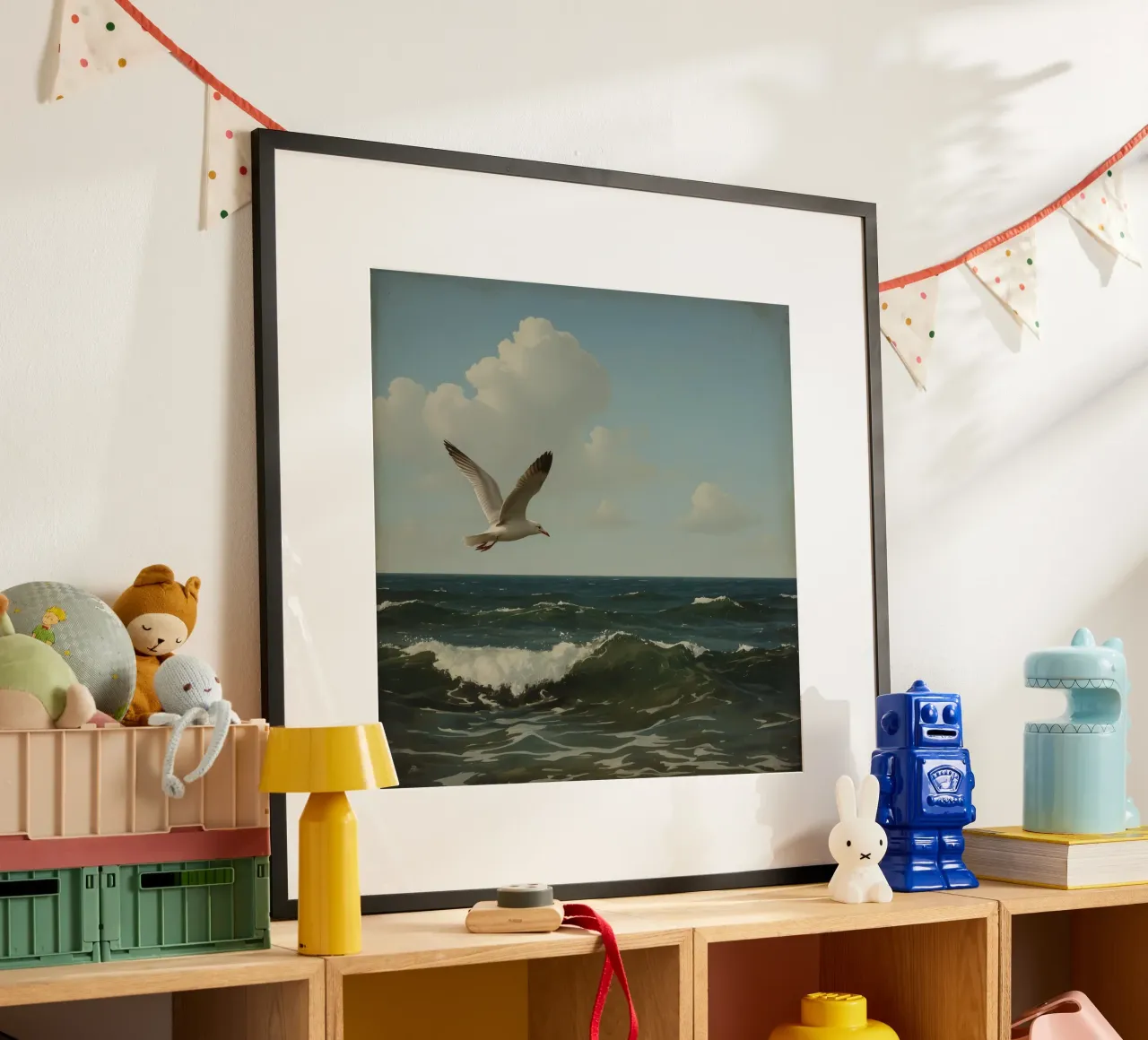 Seagull gliding over ocean waves under a partly cloudy sky hahnemühle by DesignDoodle