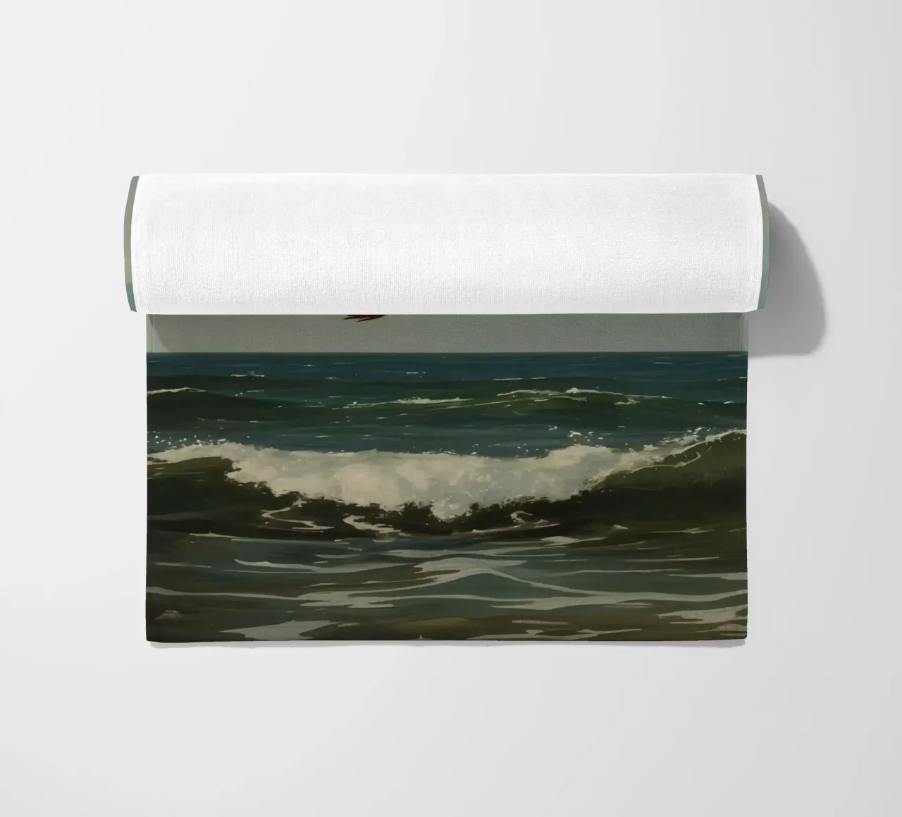 Seagull gliding over ocean waves under a partly cloudy sky beach towel by DesignDoodle