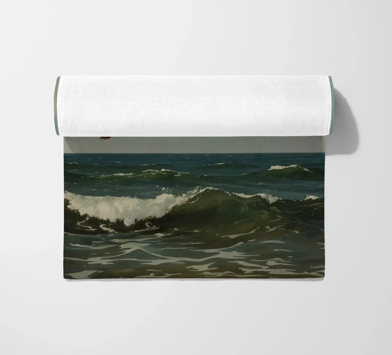 Seagull gliding over ocean waves under a partly cloudy sky beach towel by DesignDoodle