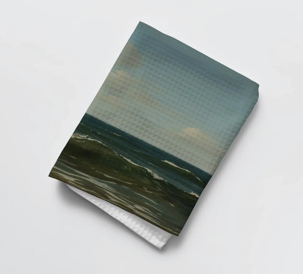 Seagull gliding over ocean waves under a partly cloudy sky tea towel by DesignDoodle