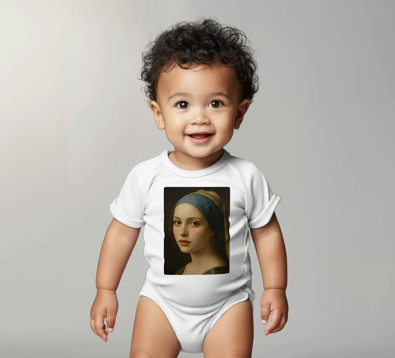 Jonge Vrouw in Hoofddoek met Zachte uitdrukking & Rustige blik babyrompertje korte mouwen van DesignDoodle