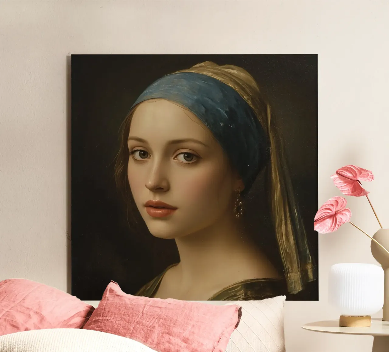 Giovane donna con il foulard con espressione dolce e sguardo calmo alluminio dibond da DesignDoodle