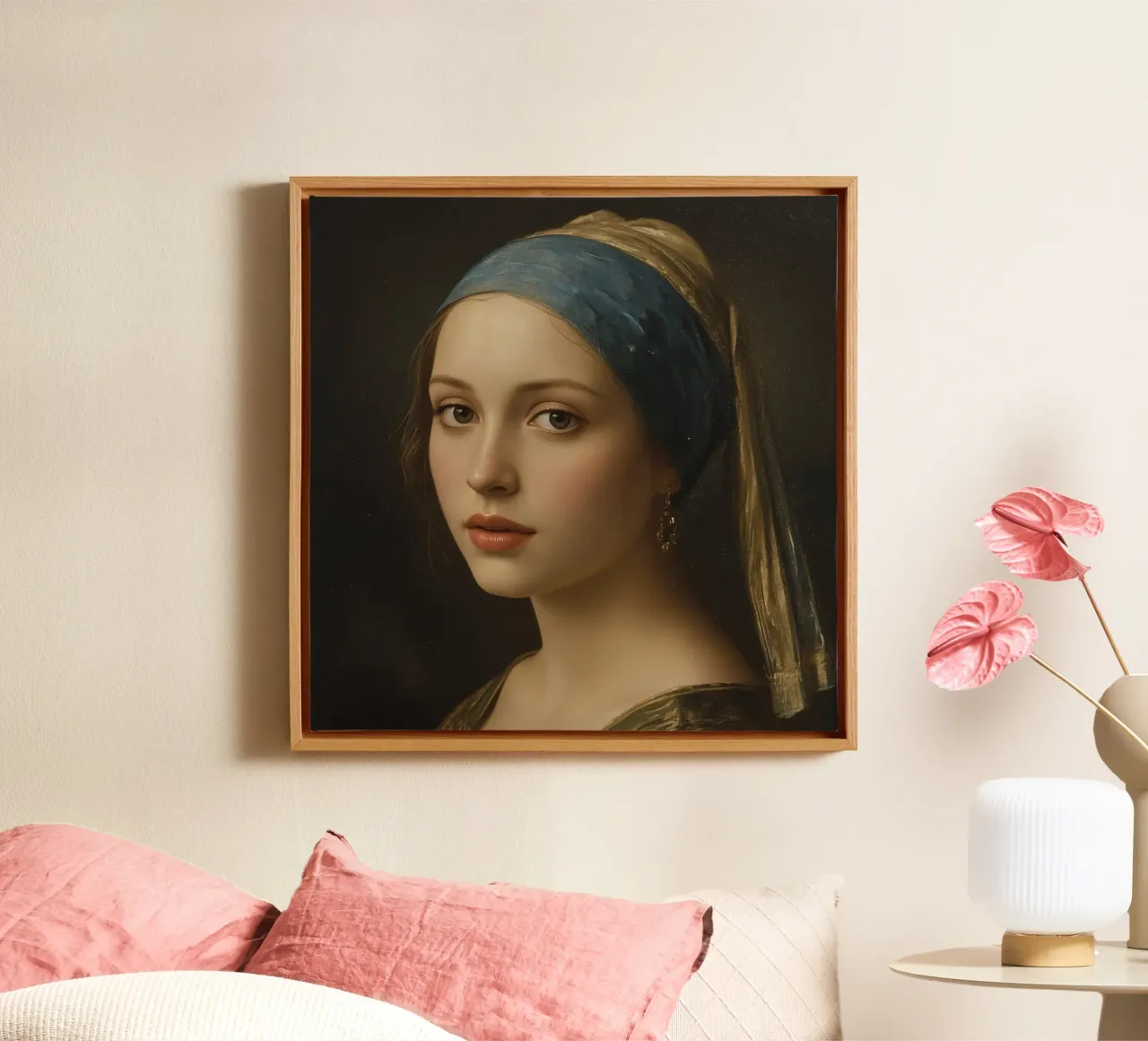Jonge Vrouw in Hoofddoek met Zachte uitdrukking & Rustige blik canvas van DesignDoodle