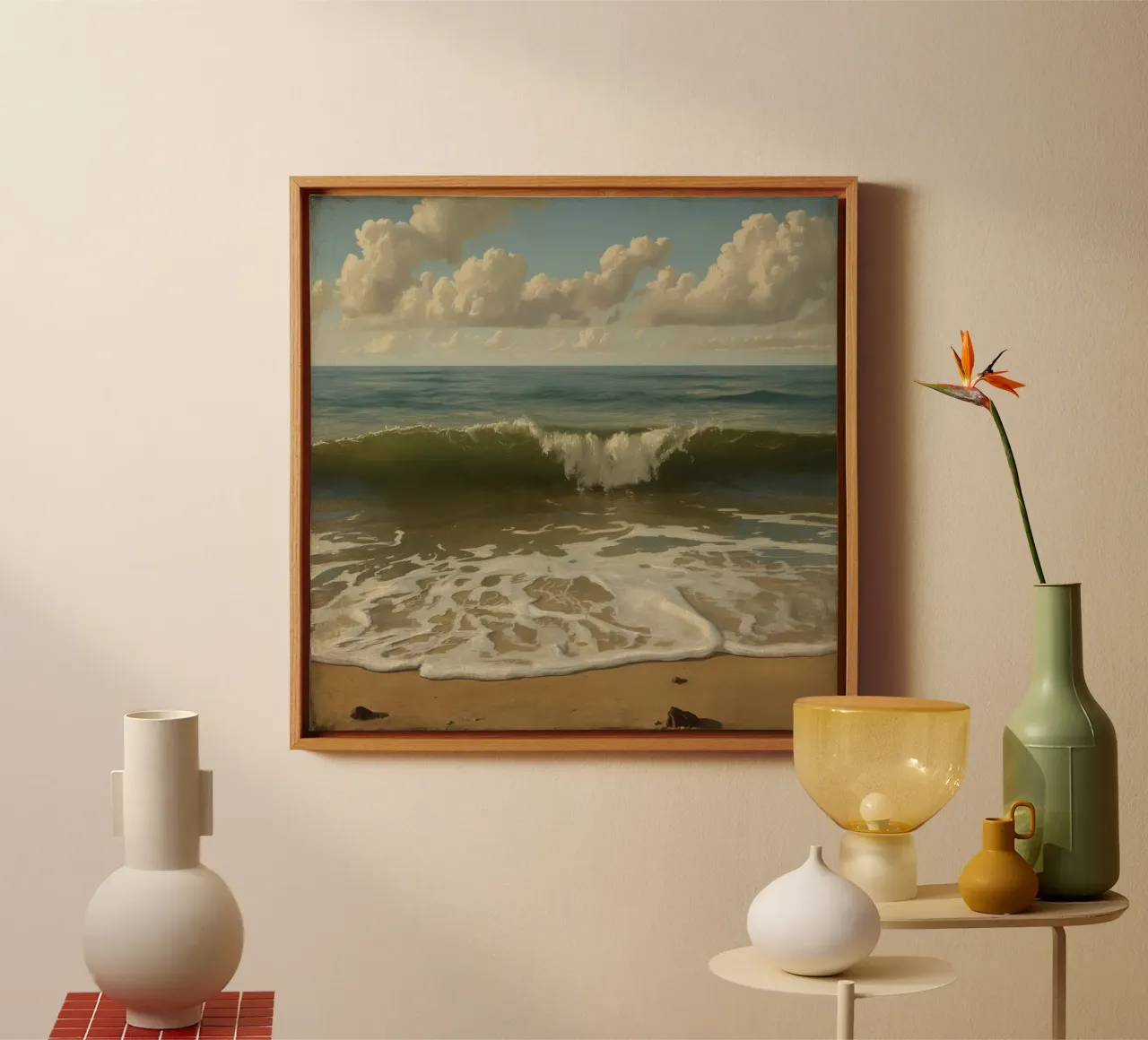 Gentle waves lap the sandy shore under a clear sky at midday canvas with Floater frame by DesignDoodle