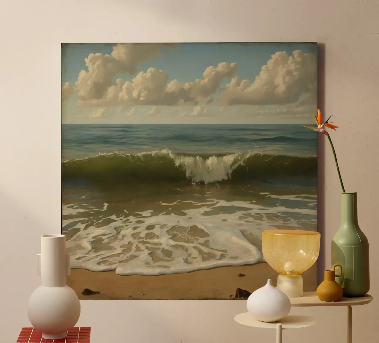 Gentle waves lap the sandy shore under a clear sky at midday canvas with Floater frame by DesignDoodle