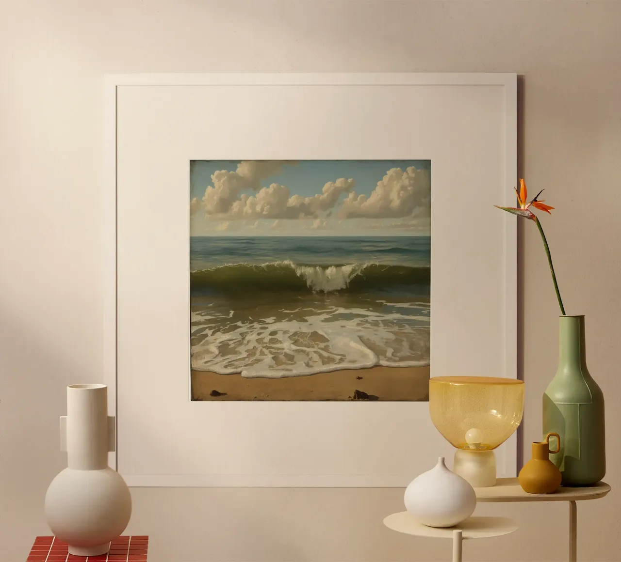 De douces vagues s'échouent sur le rivage sablonneux sous un ciel clair à midi. poster de DesignDoodle
