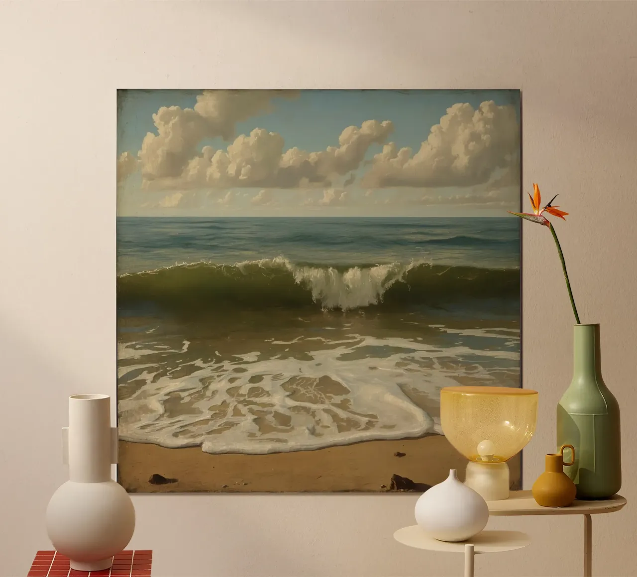 De douces vagues s'échouent sur le rivage sablonneux sous un ciel clair à midi. poster de DesignDoodle