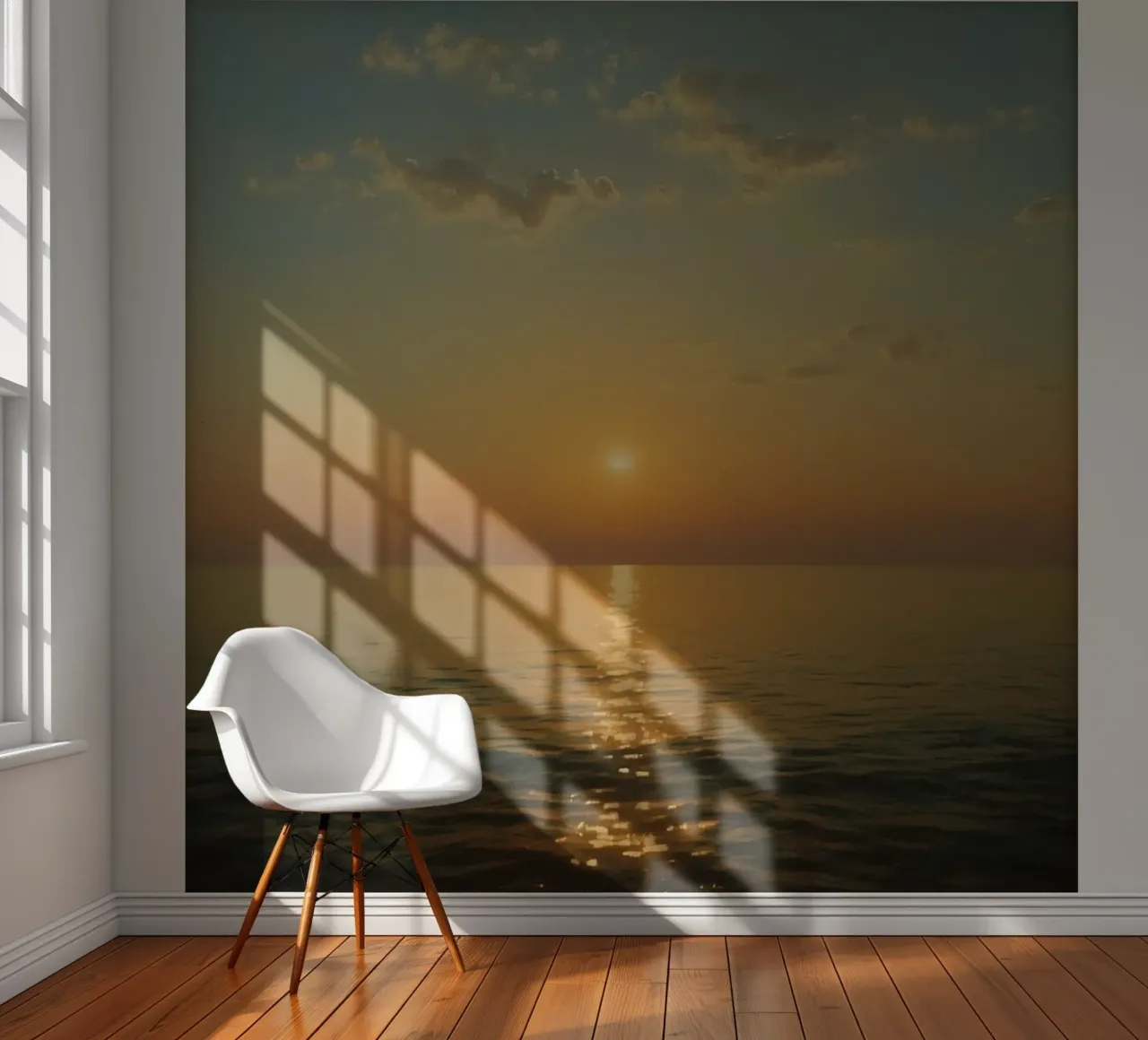 Sunset over the calm ocean waters with reflective golden hue photo wallpaper by DesignDoodle