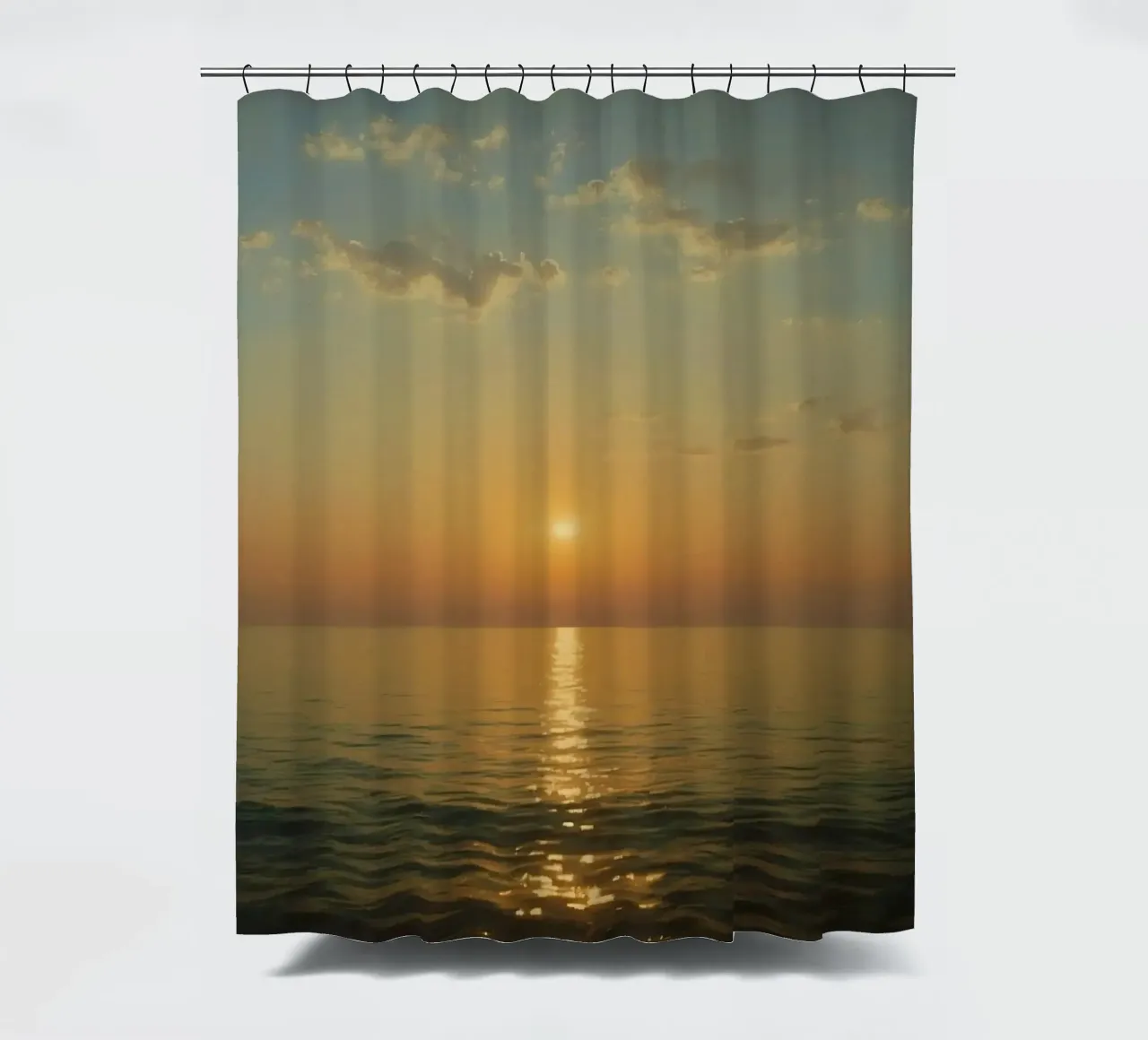 Sunset over the calm ocean waters with reflective golden hue shower curtain by DesignDoodle