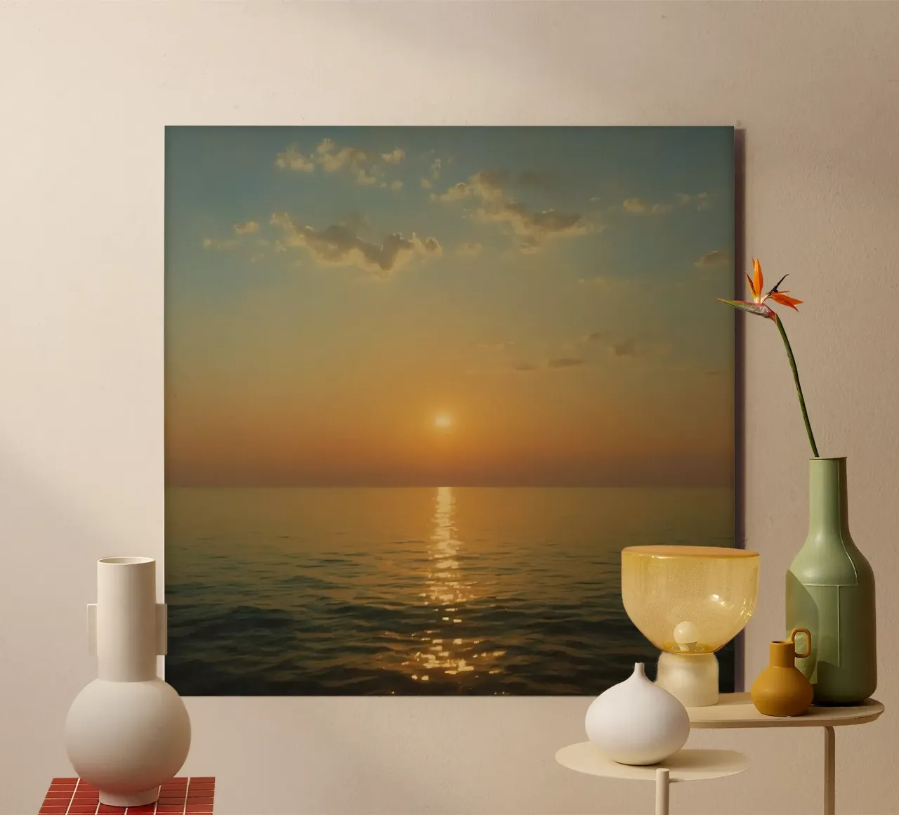 Tramonto sulle acque calme dell'oceano con riflessi dorati alluminio dibond da DesignDoodle
