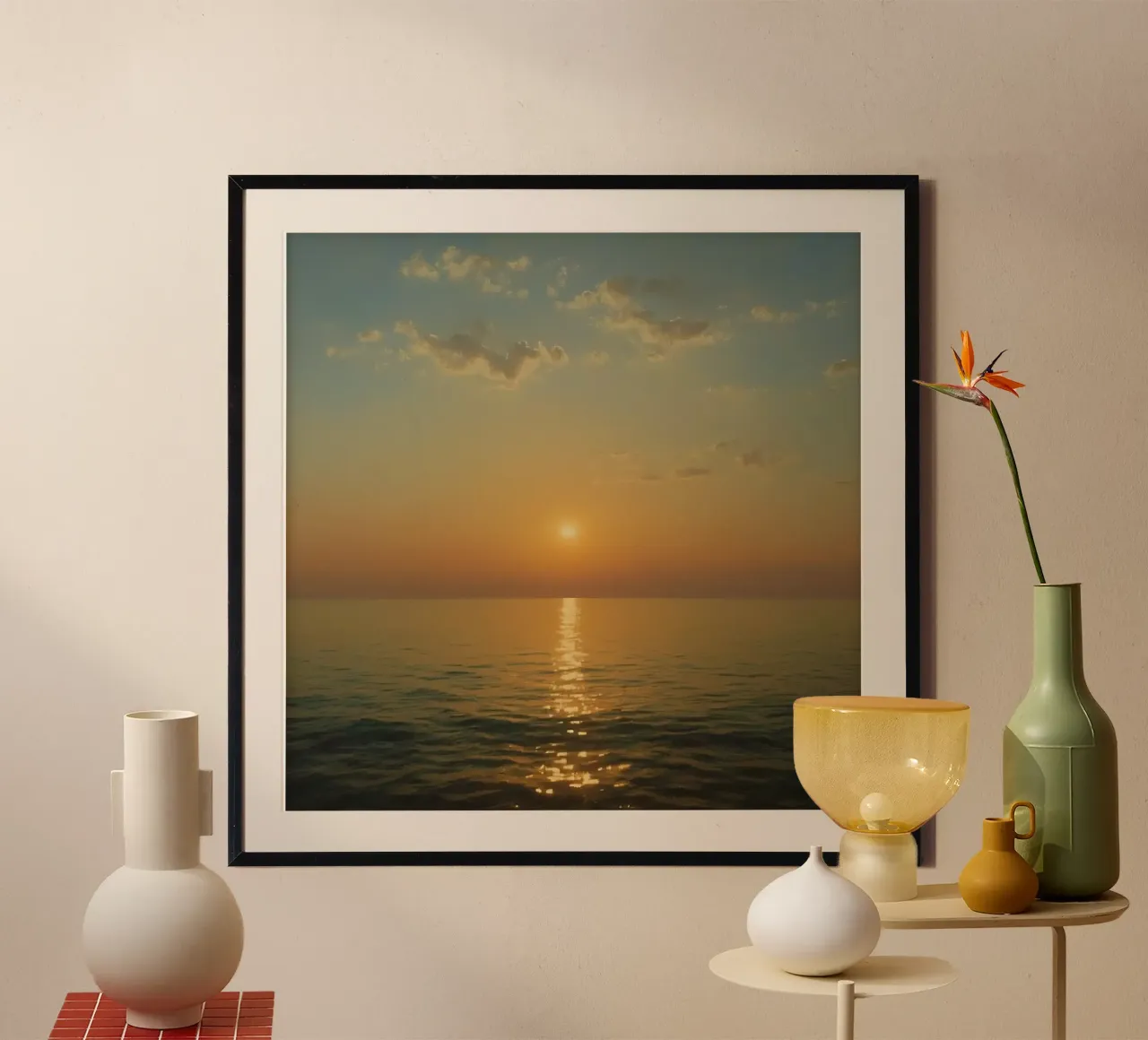 Tramonto sulle acque calme dell'oceano con riflessi dorati carta hahnemühle da DesignDoodle