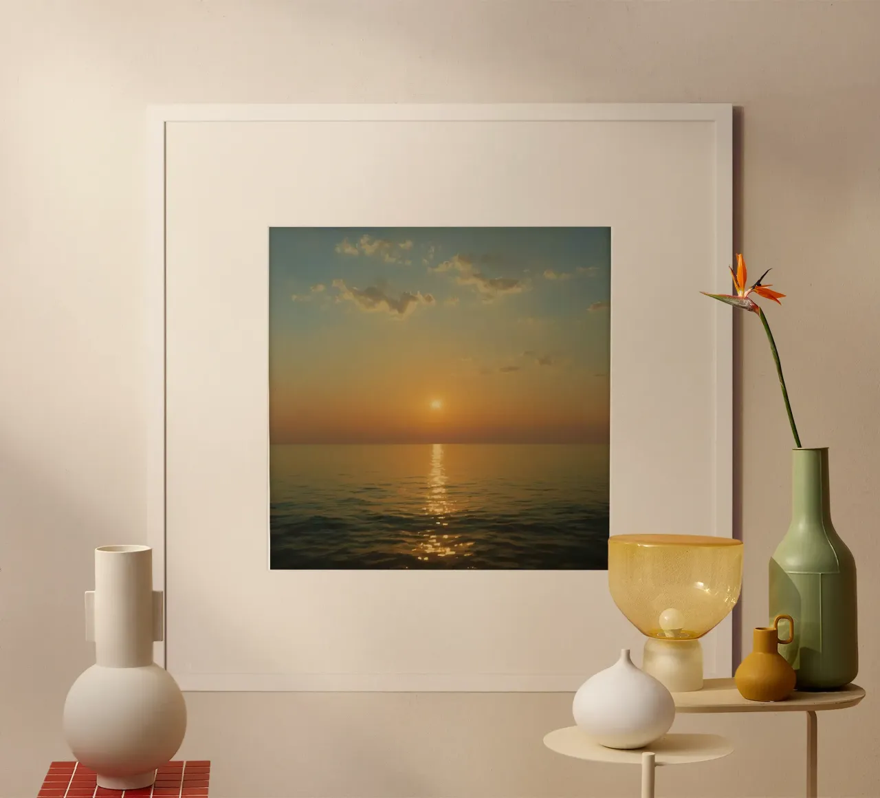 Tramonto sulle acque calme dell'oceano con riflessi dorati poster da DesignDoodle