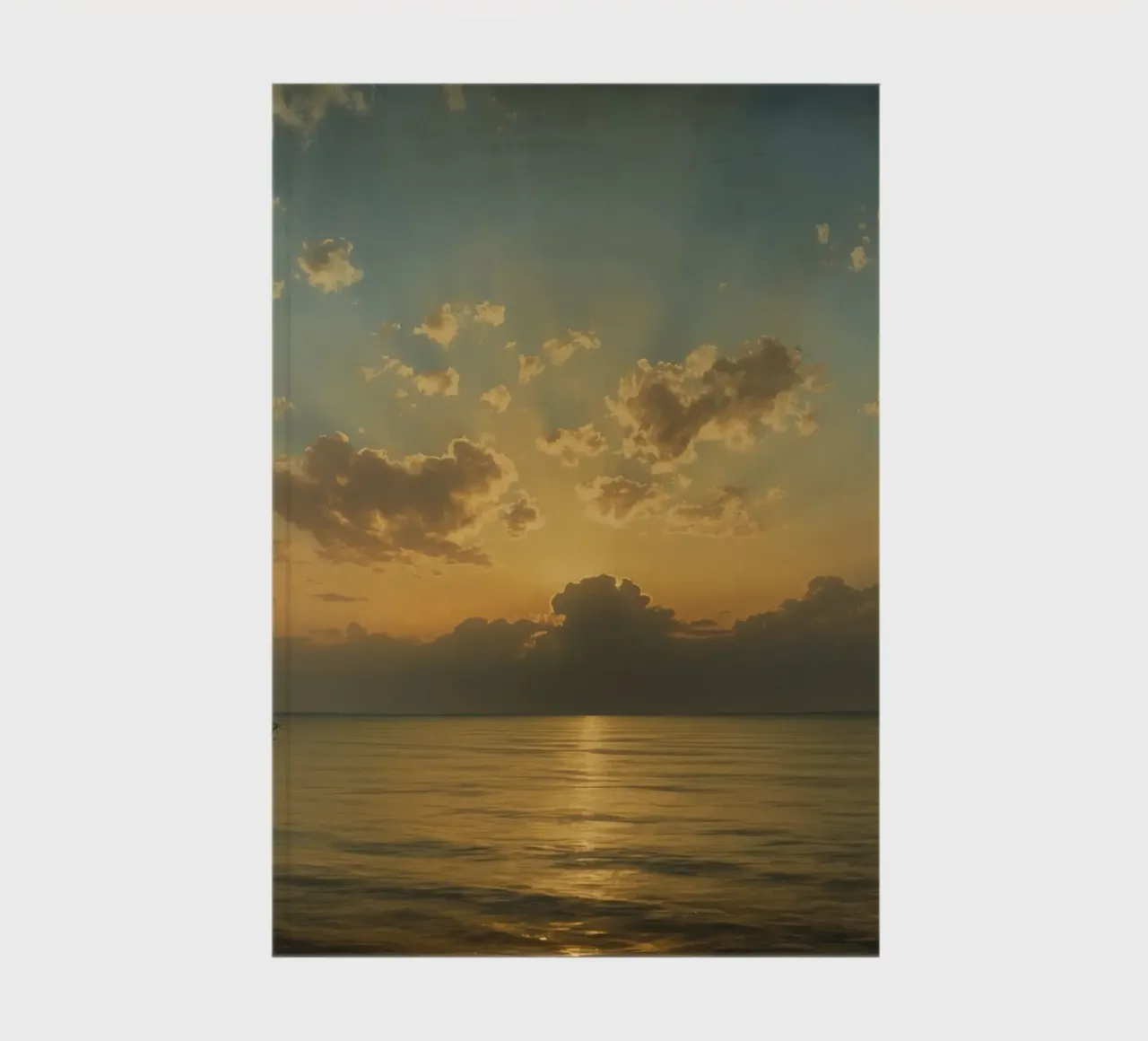 Sunset over calm waters with distant sailboat on the horizon notebook by DesignDoodle