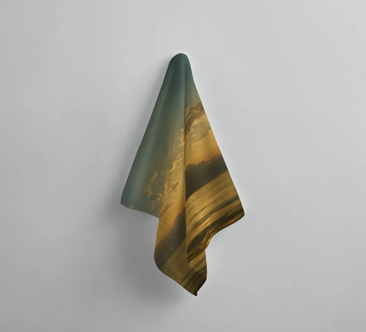Sunset over calm waters with distant sailboat on the horizon towel by DesignDoodle