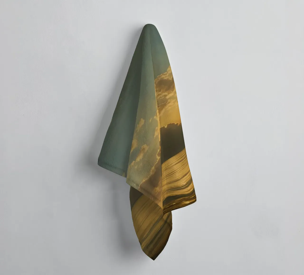 Sunset over calm waters with distant sailboat on the horizon towel by DesignDoodle