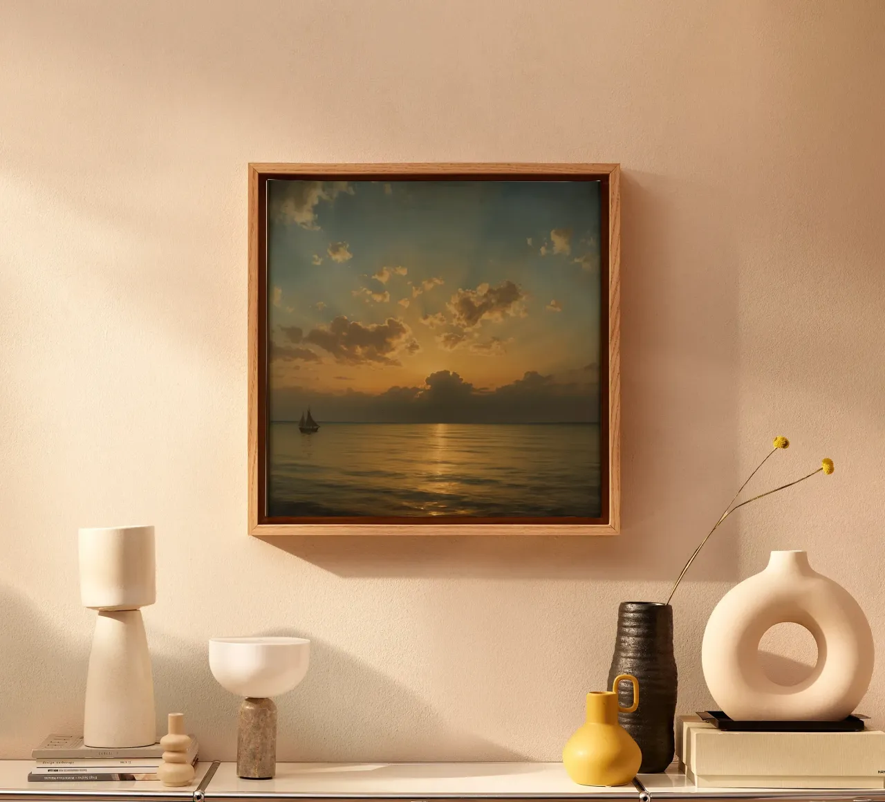 Sunset over calm waters with distant sailboat on the horizon canvas with Floater frame by DesignDoodle