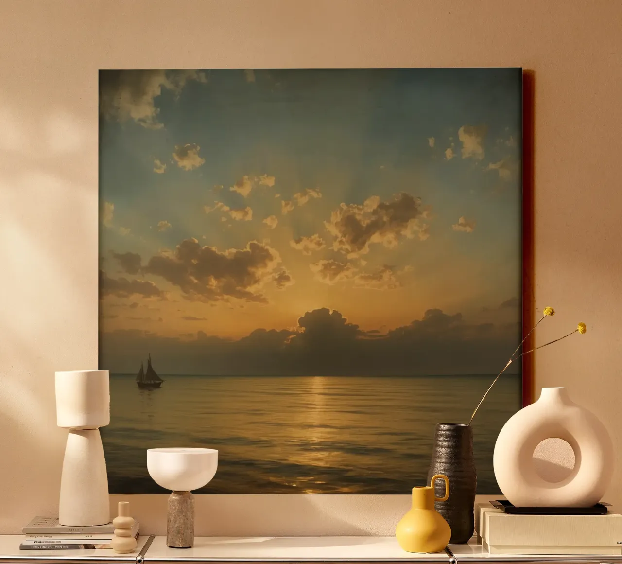 Sunset over calm waters with distant sailboat on the horizon canvas with Floater frame by DesignDoodle