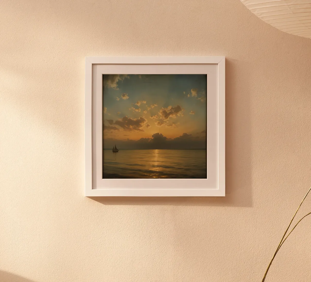 Tramonto su acque calme con barca a vela lontana all'orizzonte poster con telaio in plastica da DesignDoodle