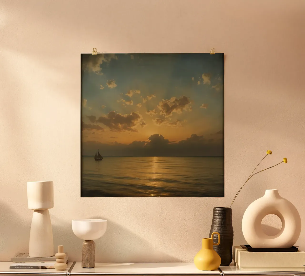 Tramonto su acque calme con barca a vela lontana all'orizzonte poster con telaio in plastica da DesignDoodle