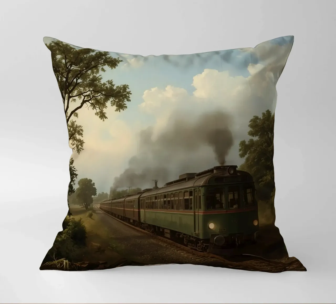 Il treno storico viaggia lungo una ferrovia panoramica in campagna cuscino da DesignDoodle