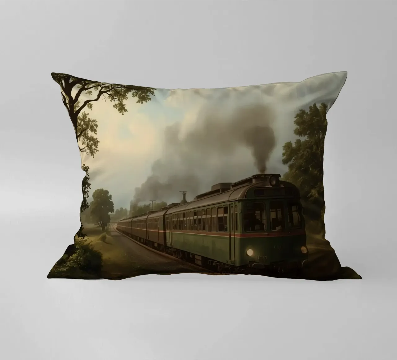 Il treno storico viaggia lungo una ferrovia panoramica in campagna cuscino da DesignDoodle