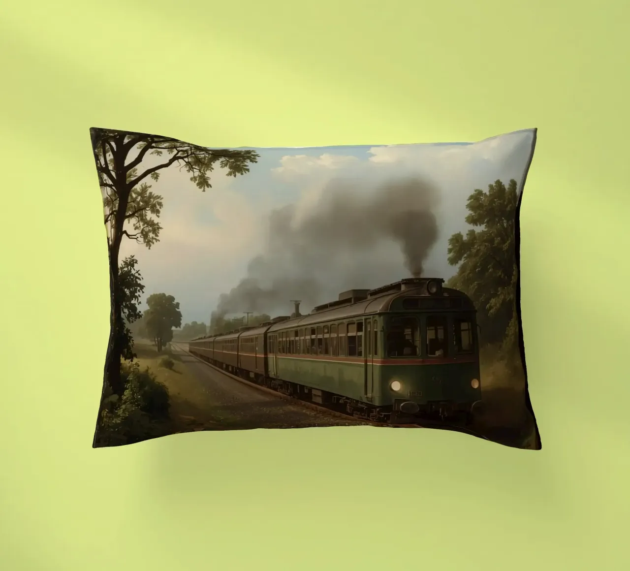 Il treno storico viaggia lungo una ferrovia panoramica in campagna cuscino da DesignDoodle