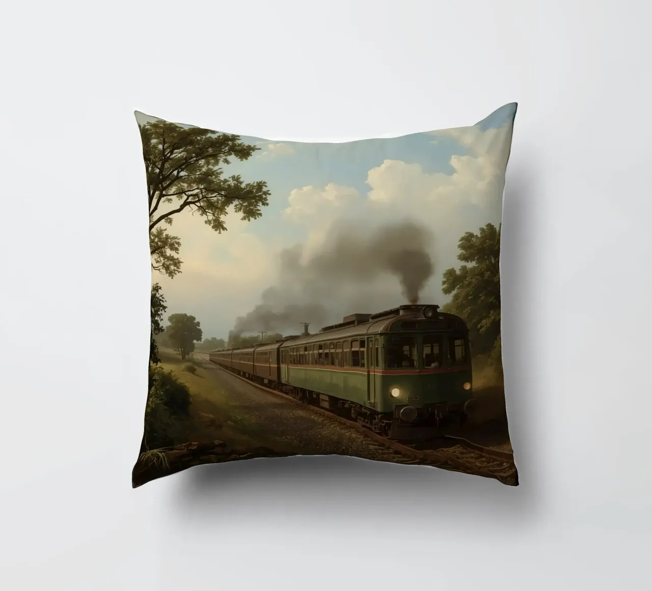 Il treno storico viaggia lungo una ferrovia panoramica in campagna cuscino da DesignDoodle