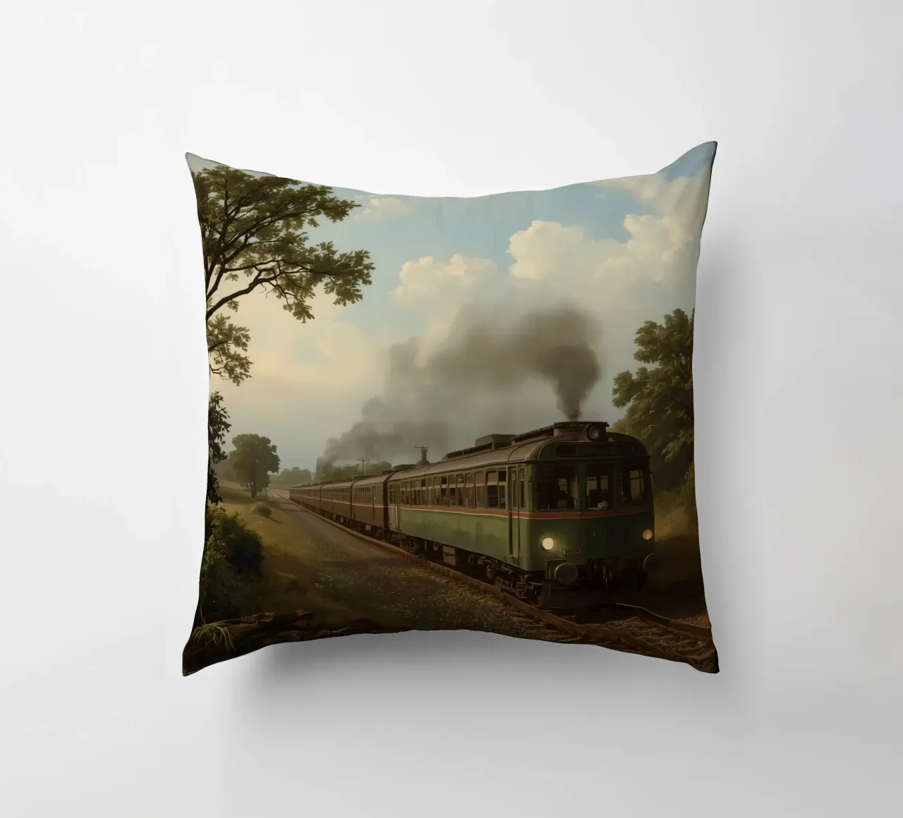 Il treno storico viaggia lungo una ferrovia panoramica in campagna cuscino da DesignDoodle