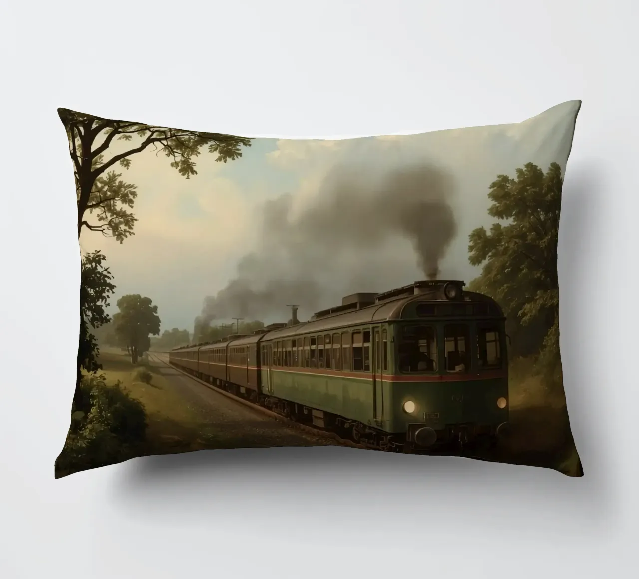 Il treno storico viaggia lungo una ferrovia panoramica in campagna cuscino da DesignDoodle