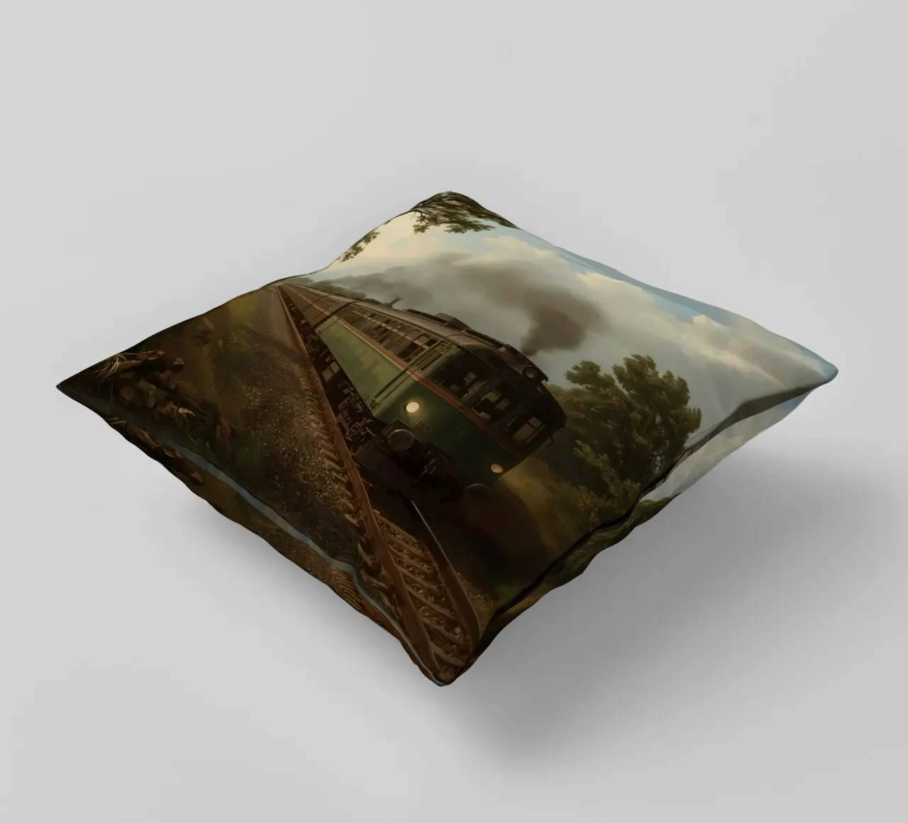 Il treno storico viaggia lungo una ferrovia panoramica in campagna cuscino da DesignDoodle