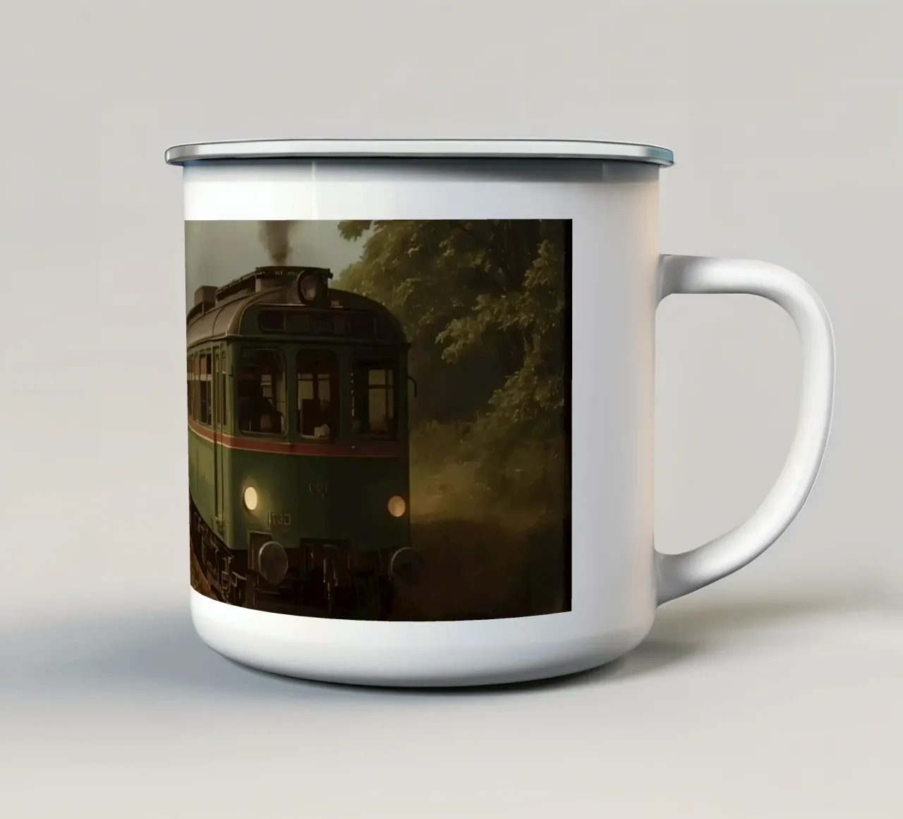 Il treno storico viaggia lungo una ferrovia panoramica in campagna tazza in smalto da DesignDoodle