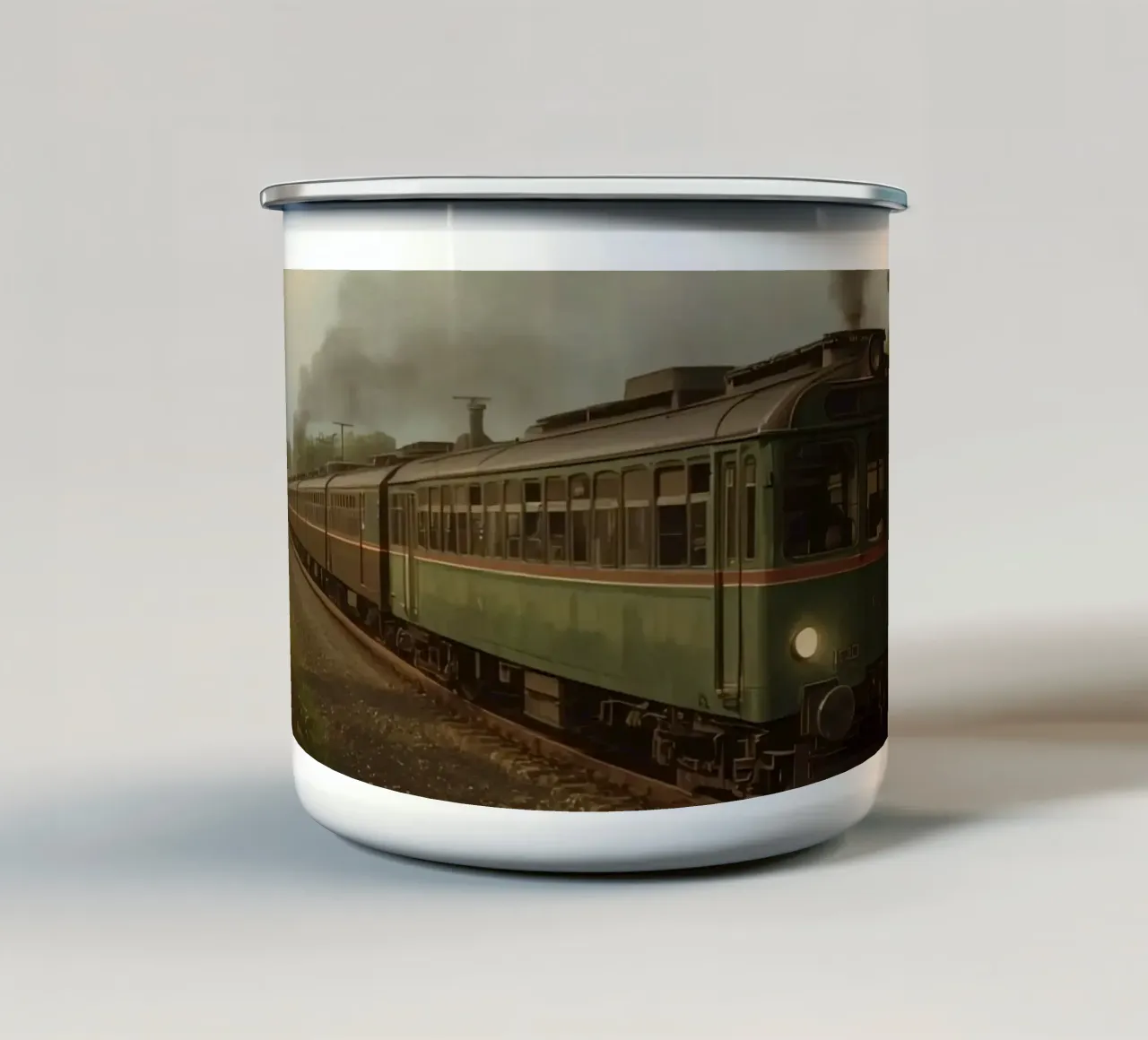 Il treno storico viaggia lungo una ferrovia panoramica in campagna tazza in smalto da DesignDoodle