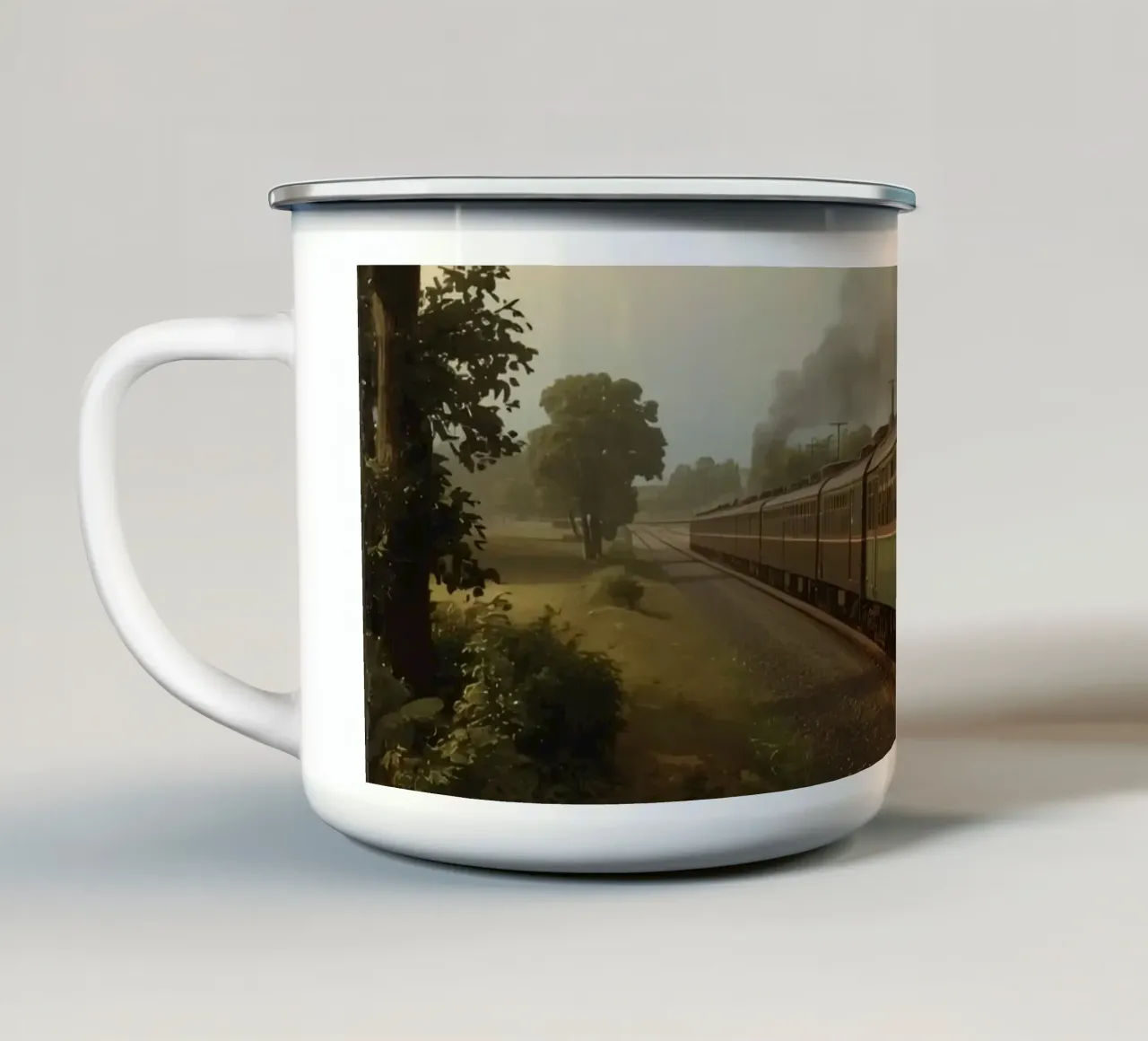 Il treno storico viaggia lungo una ferrovia panoramica in campagna tazza in smalto da DesignDoodle