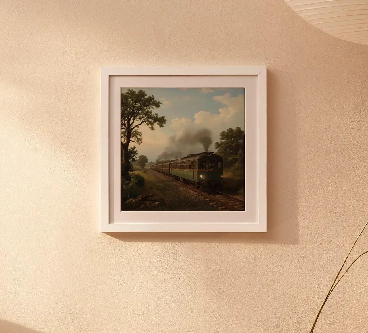 Historischer Zug fährt auf einer landschaftlich reizvollen Eisenbahnstrecke auf dem Land Poster mit Aluminium Rahmen von DesignDoodle