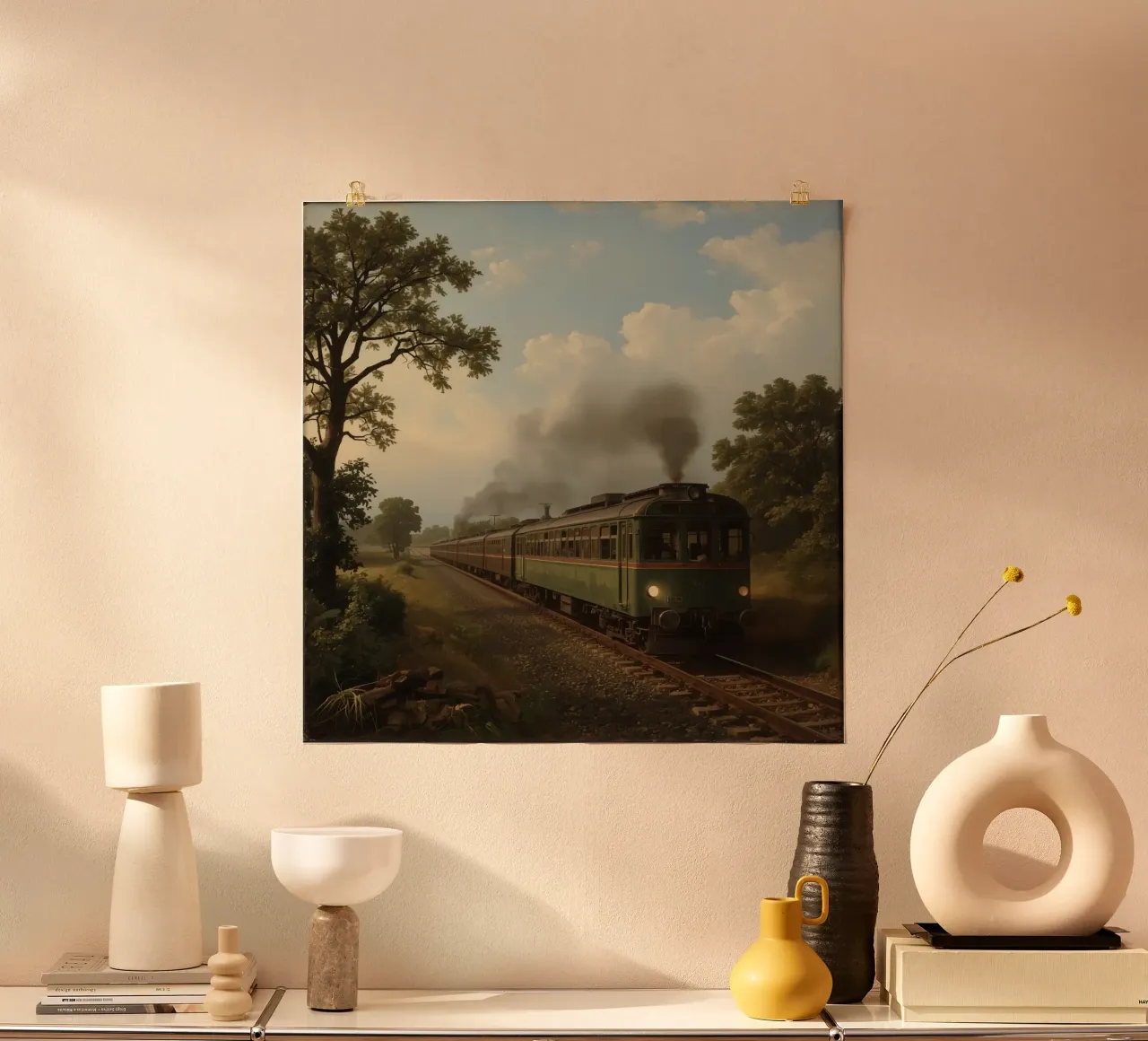 Historischer Zug fährt auf einer landschaftlich reizvollen Eisenbahnstrecke auf dem Land Poster mit Aluminium Rahmen von DesignDoodle