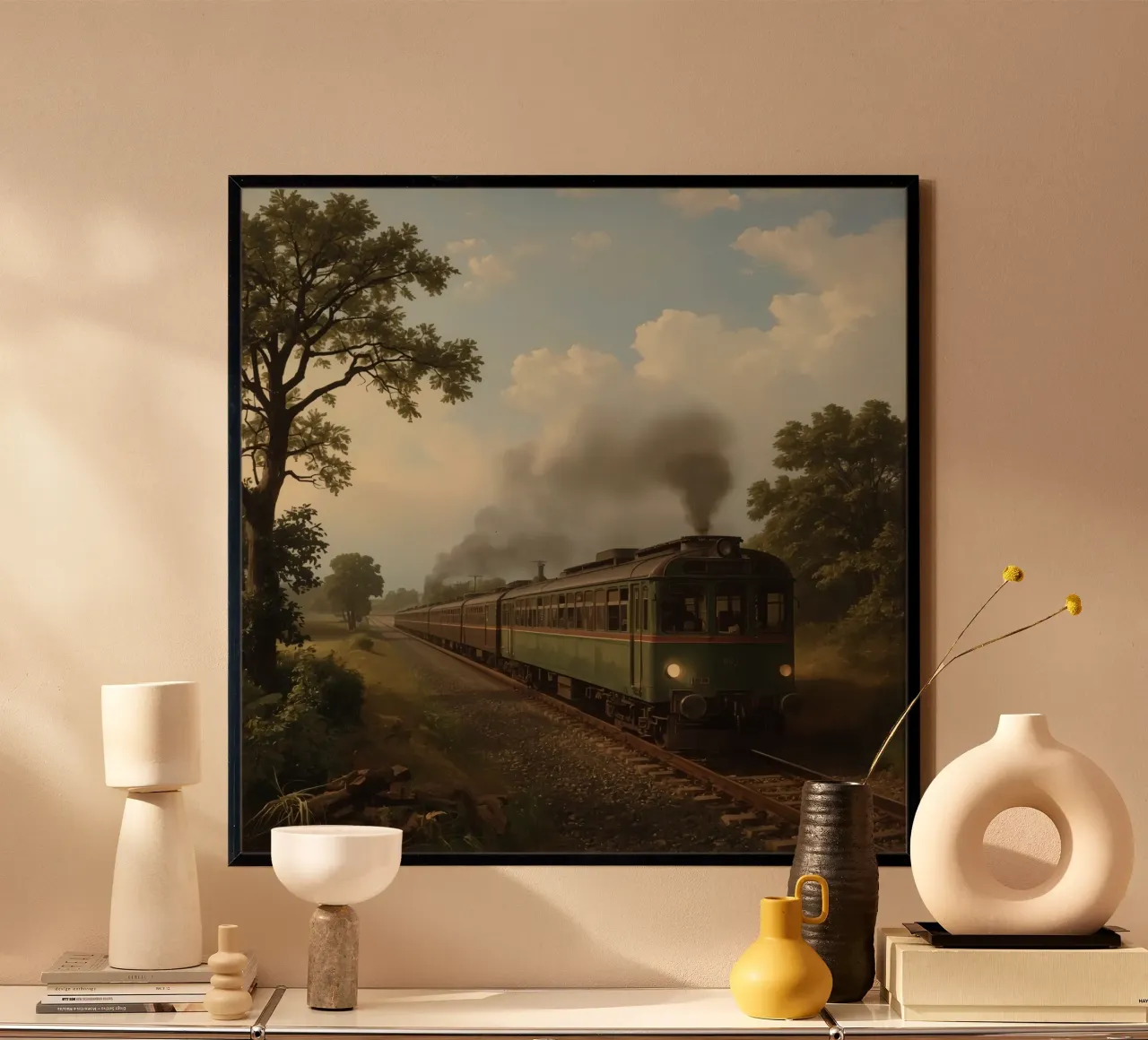 Historischer Zug fährt auf einer landschaftlich reizvollen Eisenbahnstrecke auf dem Land Poster mit Aluminium Rahmen von DesignDoodle