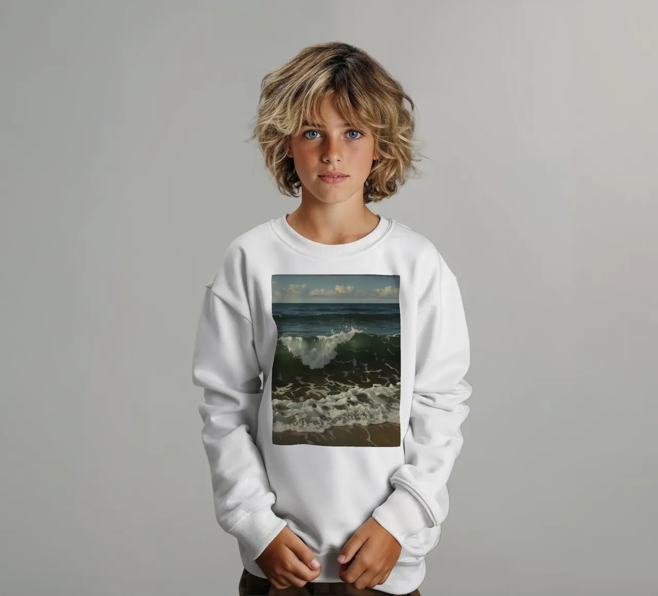 Onde che si infrangono sulla riva sotto un cielo azzurro e limpido felpa bambino da DesignDoodle