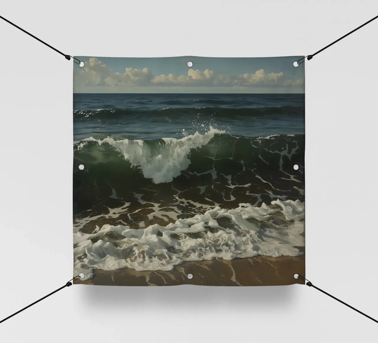Onde che si infrangono sulla riva sotto un cielo azzurro e limpido telo in pvc da DesignDoodle