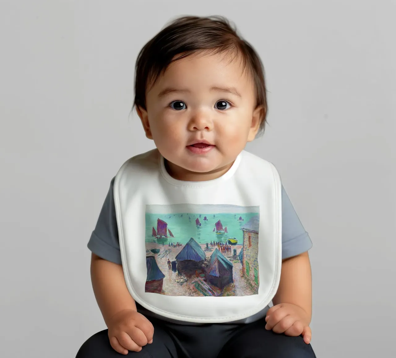 The Departure of the Boats, Étretat (1885) by Claude Monet baby bib by Monet Art Prints