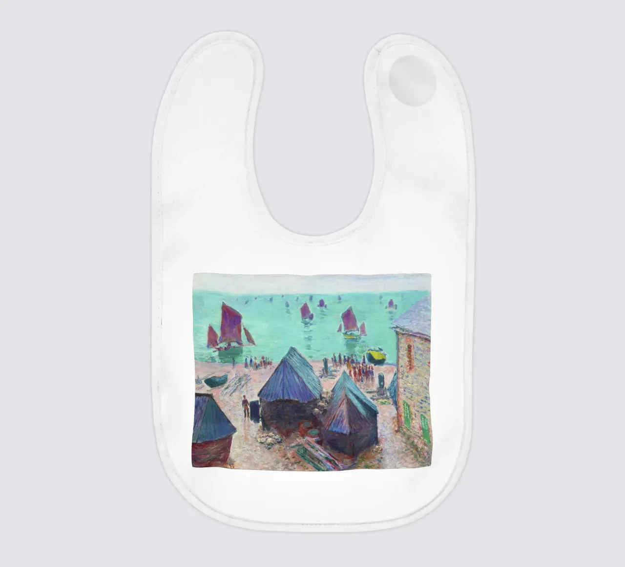 The Departure of the Boats, Étretat (1885) by Claude Monet baby bib by Monet Art Prints
