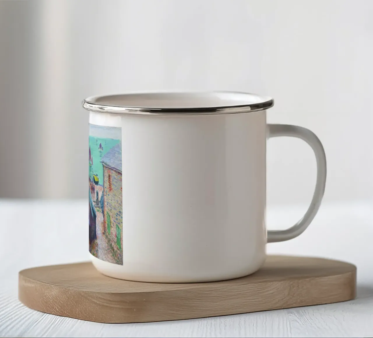 The Departure of the Boats, Étretat (1885) by Claude Monet enamel mug by Monet Art Prints