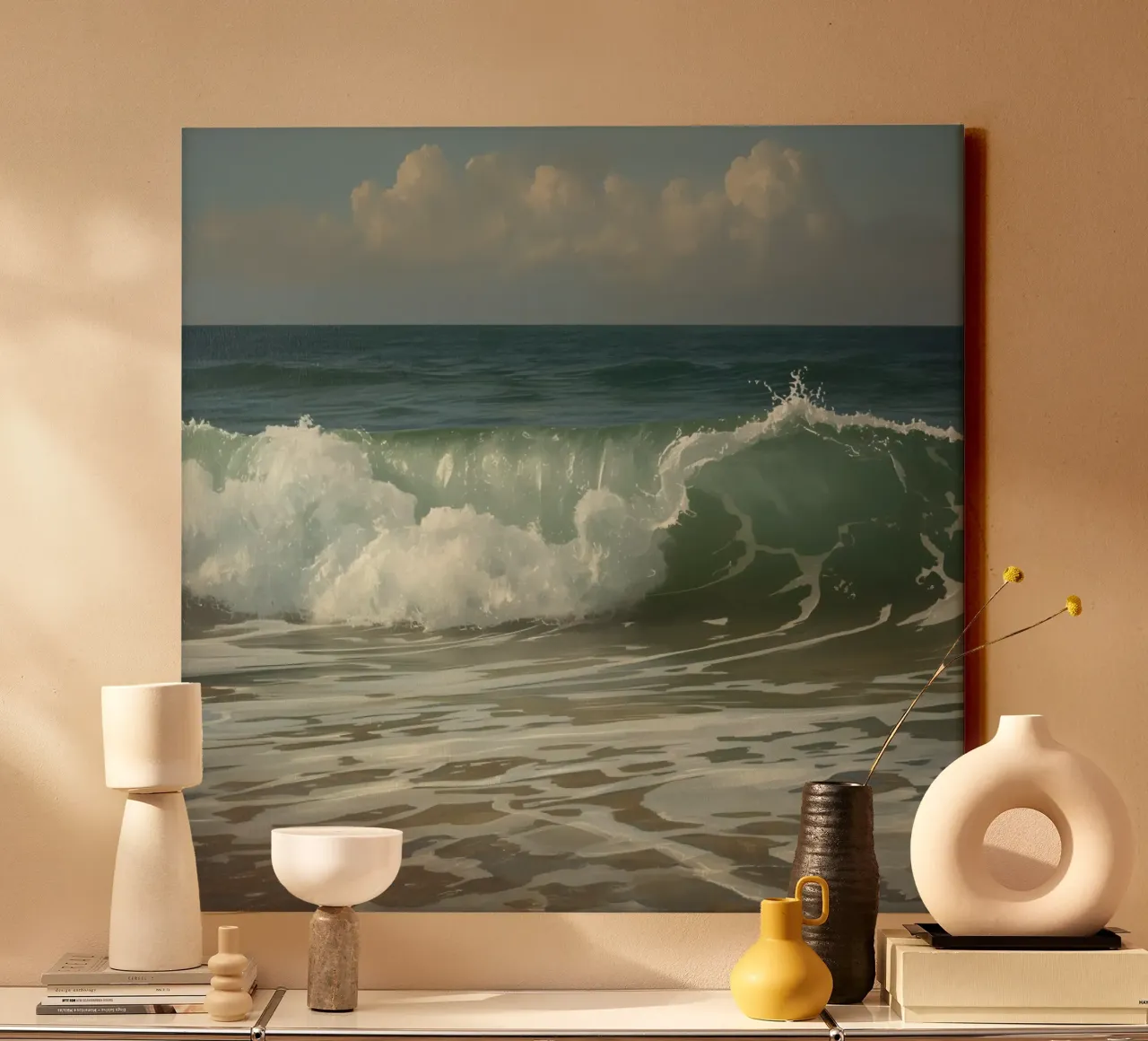 Le onde dell'oceano si infrangono sulla riva sotto un cielo limpido tela con Cornice a cassetta da DesignDoodle