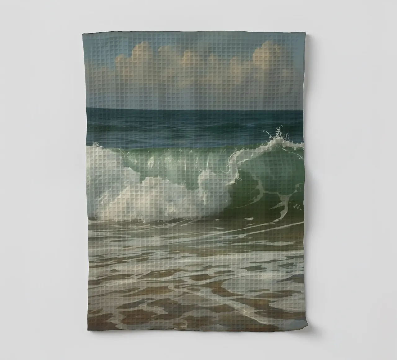 Le onde dell'oceano si infrangono sulla riva sotto un cielo limpido canovaccio da cucina da DesignDoodle
