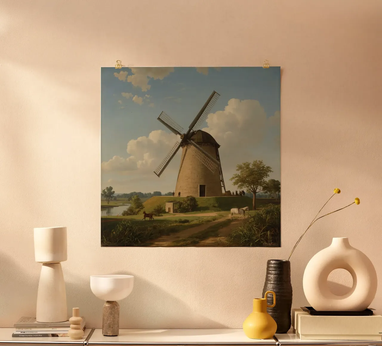 Il mulino a vento si erge alto in riva al fiume con terreni agricoli e bestiame poster con telaio in alluminio da DesignDoodle